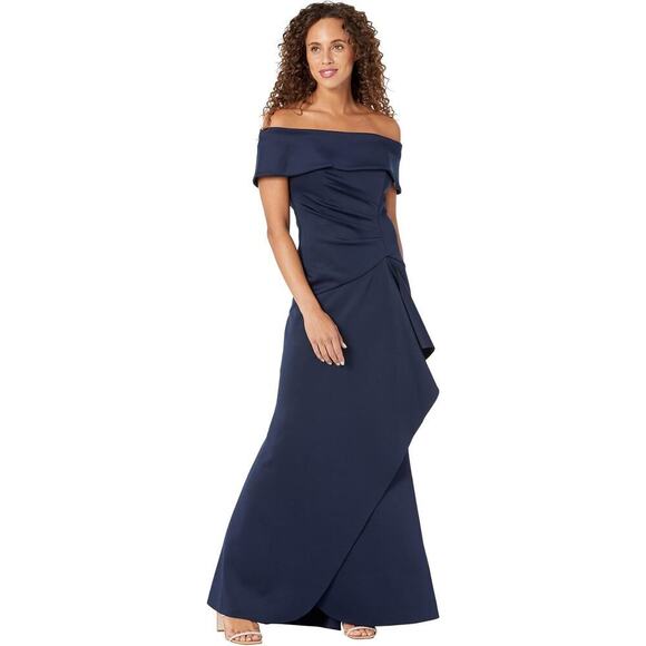 Xscape Long Scuba Off-The-Shoulder Dress Navy Size 4 NWT